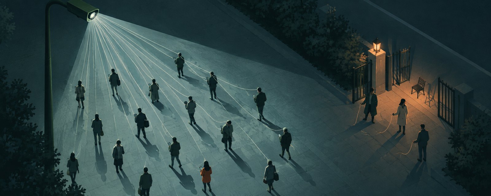 監視カメラの冷たい光に糸でつながれた人々と、糸を自分の手で握る少数の人。同意と説明責任の差を表す。