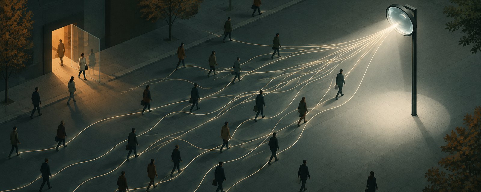 At dusk, thin lines of light from walking figures converge on a tall surveillance lamp, while a nearby open glowing doorway contrasts consent and accountability.