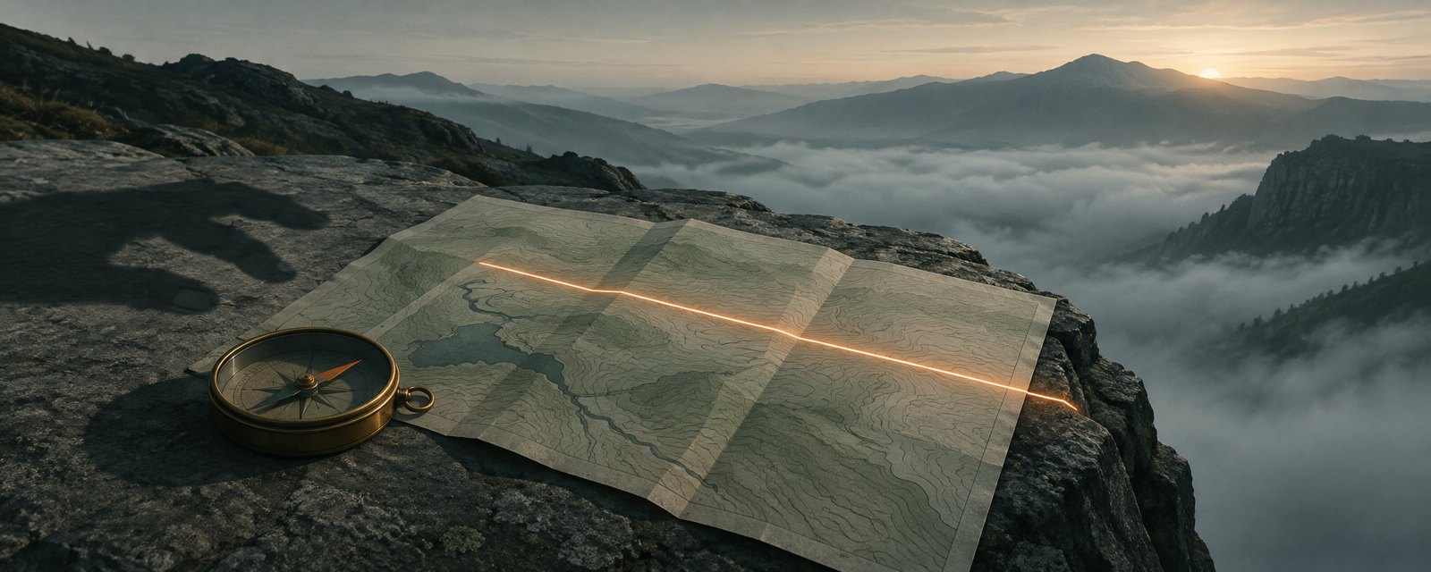 On a ridge stone at dawn, a glowing route on a map runs toward a cliff while a compass points elsewhere: AI output needs checking before trust.