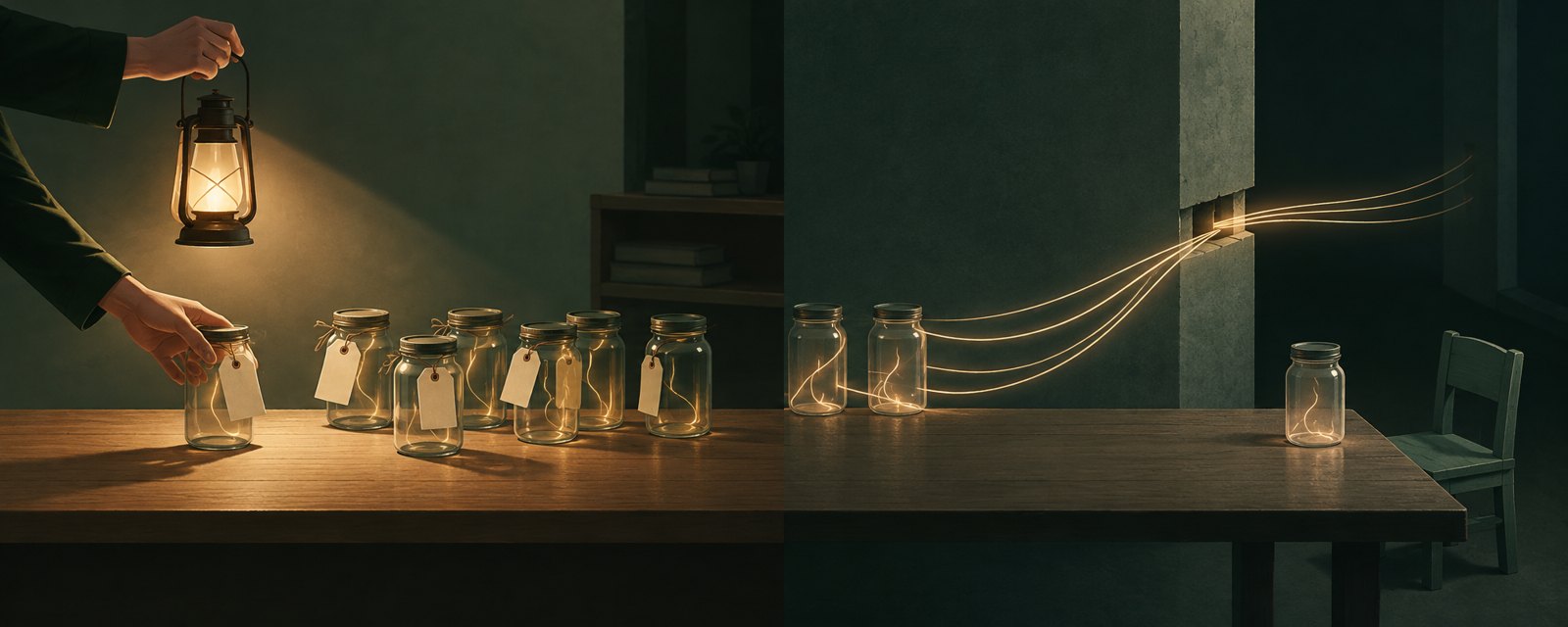 A dim table of glass jars, some tagged, some untagged, their glowing threads leaking away: provenance and consent gaps in data.
