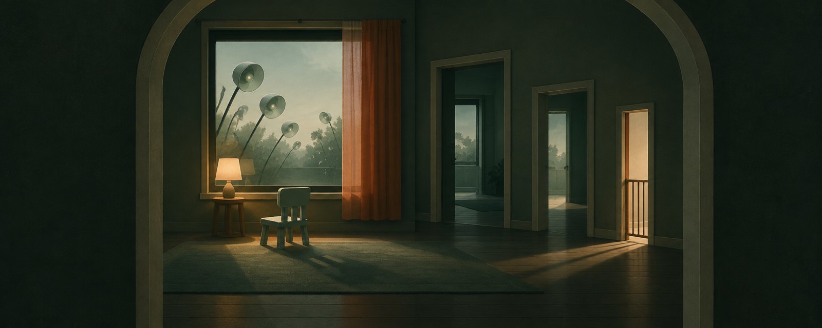 A quiet room with a child's chair watched by lens-like discs through a window; three entrances differ in protection, depicting uneven safeguards and surveillance.