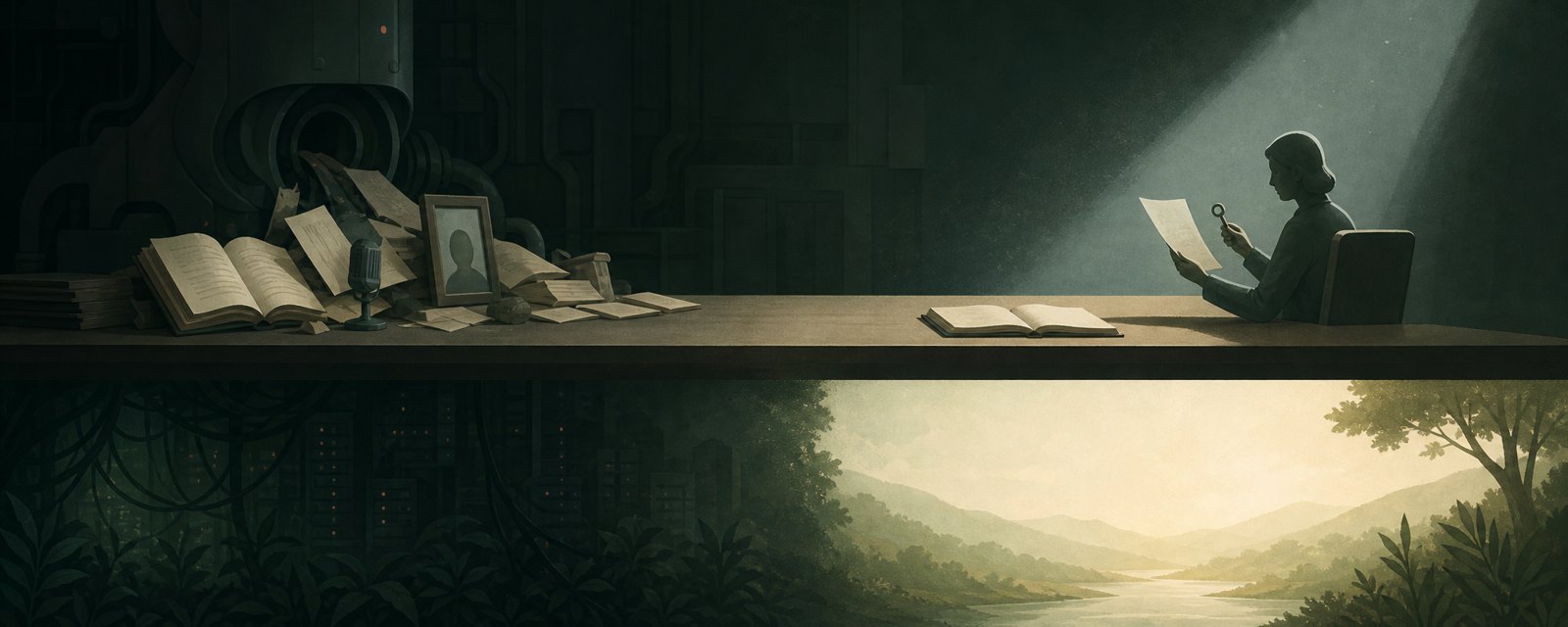 Books, a microphone and a portrait are gathered toward a shadowy machine; a lone chair holds a key and paper beside an empty ledger, showing missing consent.
