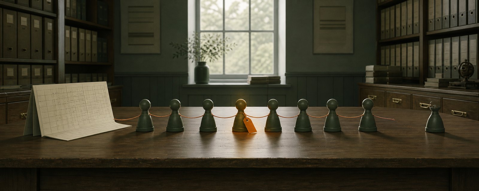 Objects linked by thread on an archive table: the tagged one traces back unbroken, the one with a cut thread cannot be traced.