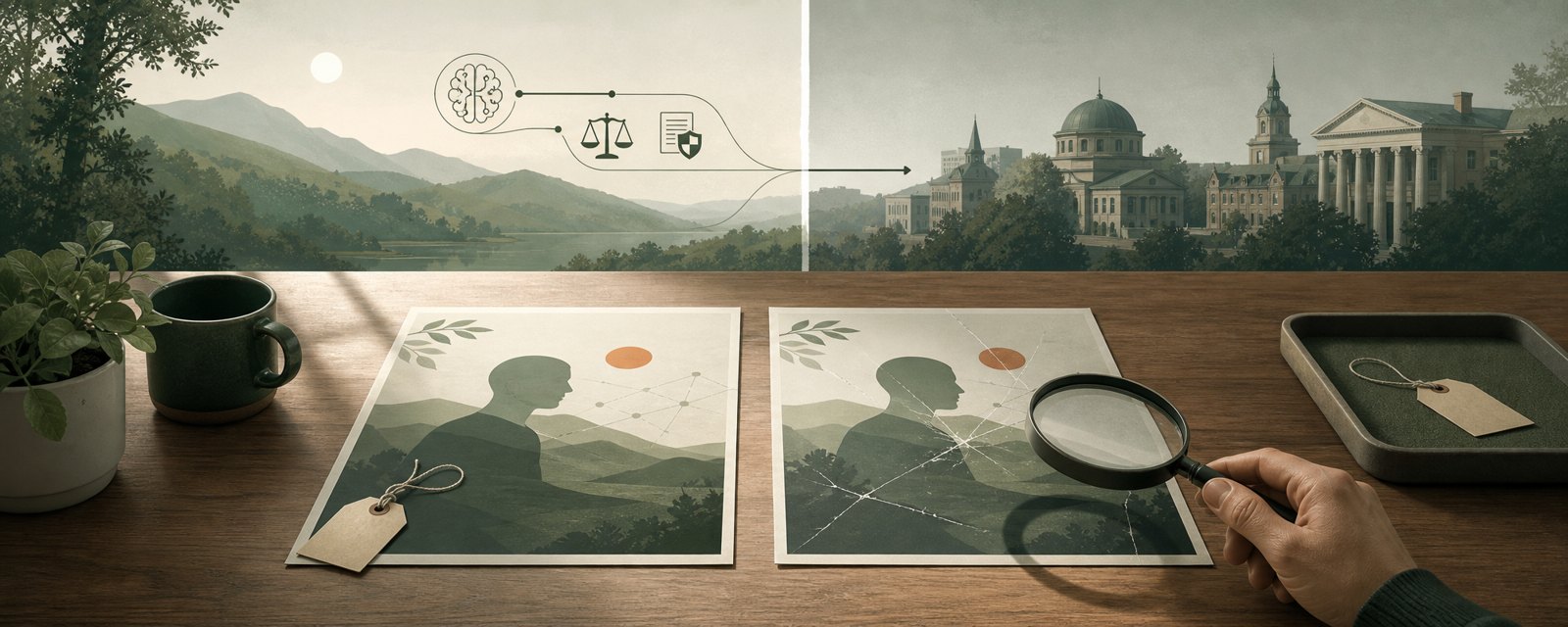 Two near-identical posters, one tagged and one not, with a magnifying glass casting doubt: without disclosure, viewers can only suspect.