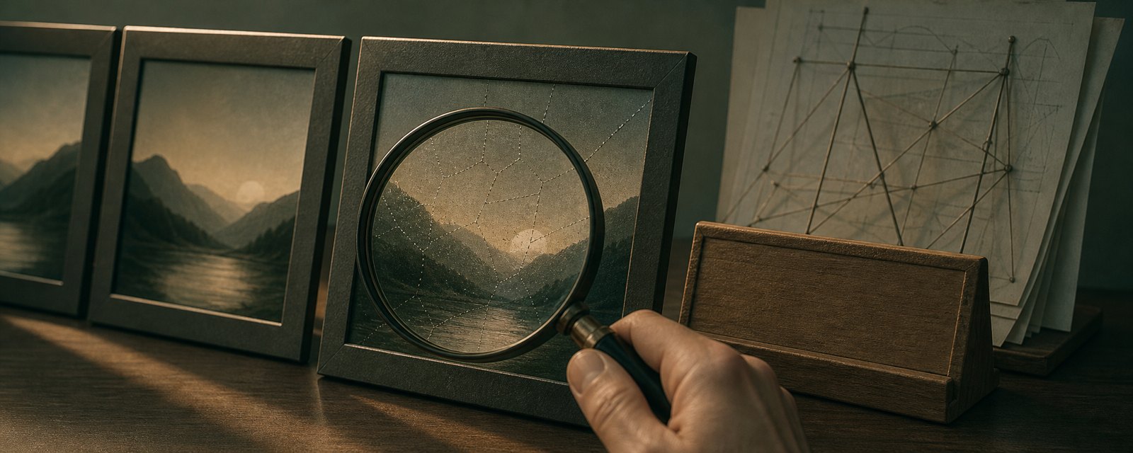 Still life of framed photos, one examined under a magnifying glass, with an empty label holder: AI origin is only checked after the fact.