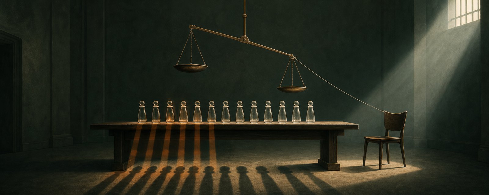 Identical glass figures cast stretched, distorted shadows beside a tilted scale and an empty chair, suggesting amplified bias and missing accountability.