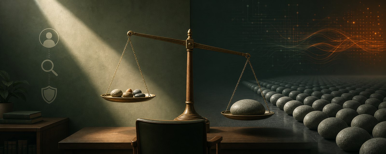 偏った石が複製され天秤を傾ける静かな場面。AIが偏りを拡大し、確認する人が要ることを表す。