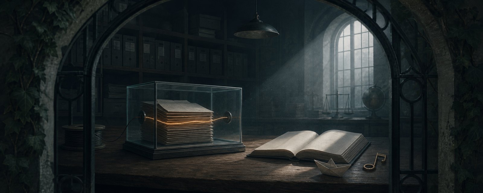 A dim archive table with a sealed glass box hiding a glowing thread and a blank ledger, evoking AI acting unseen and unrecorded.