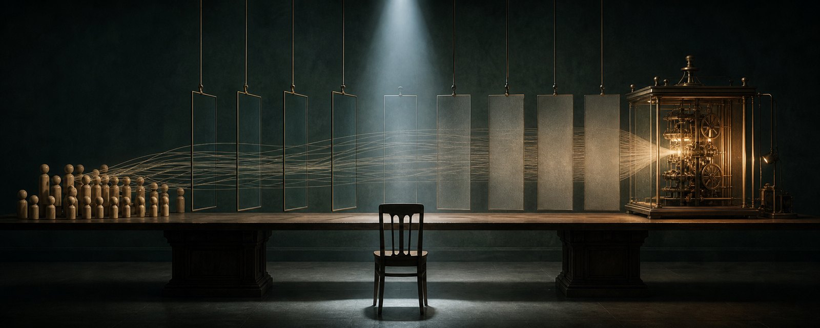 A machine draws threads from small unlit figures across a dim table; frosted panes hide the threads and an empty lit chair shows absent responsibility.