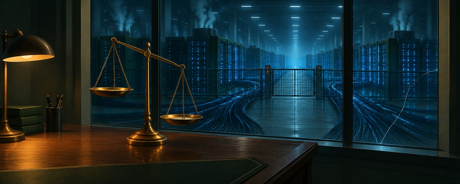 A glowing data-center hall beside a frozen balance scale and a cracked pane, contrasting flowing AI infrastructure capital with cautious valuation.