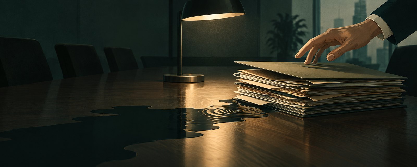 薄暗い会議室で、広がる黒い染みに照らされた書類の束を前に手が止まる――AI関連損失の波及とリスク点検を示す一場面。