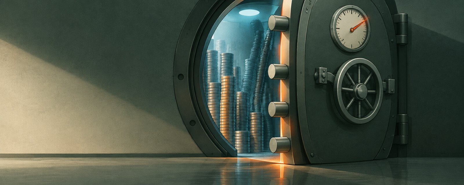 A vault door closing as coin stacks lean precariously inside, contrasting AI-fueled market exuberance with tightening financial-sector defenses.