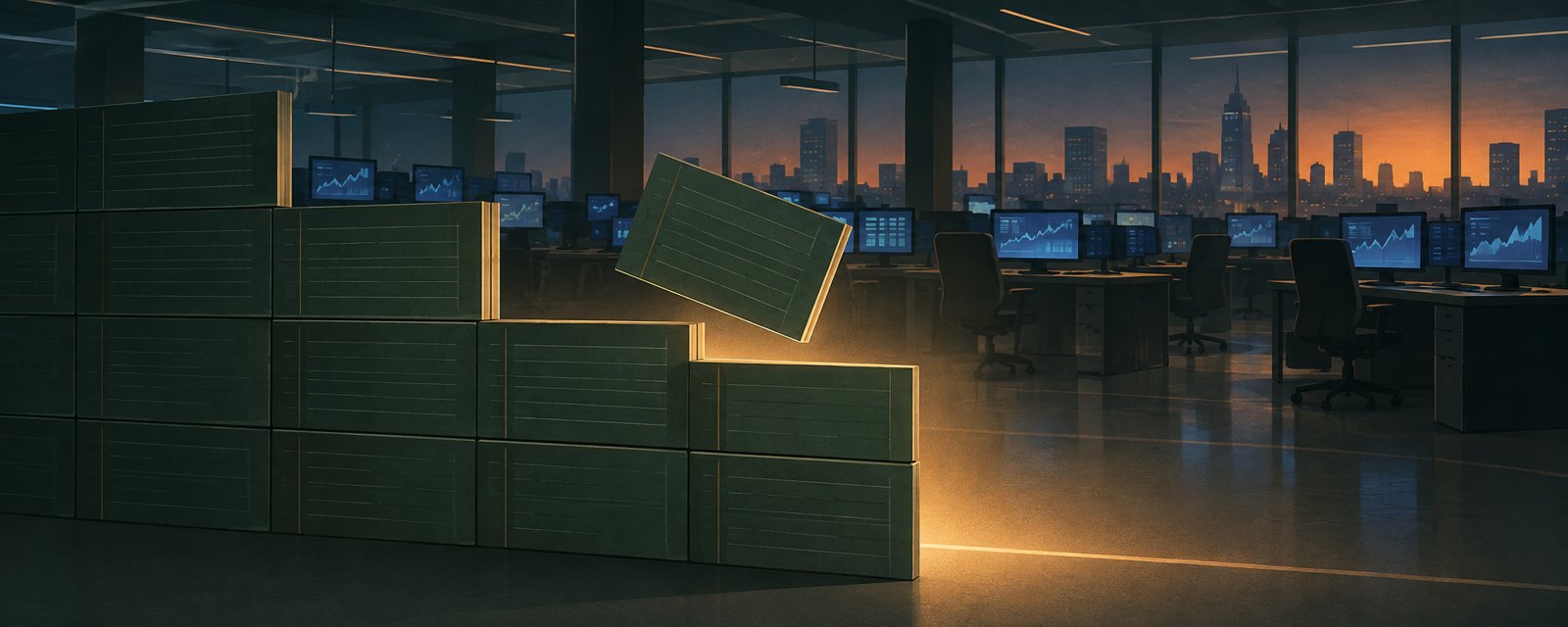 薄暗い取引フロアで積み上がる防壁の陰から、下から静かに昇る金色の光が漏れ出している