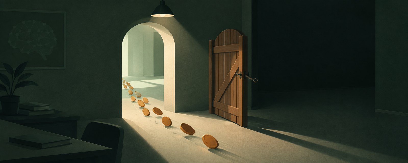 Coins flow unattended through an open, unlatched gate — symbolizing AI payment agents expanding faster than the oversight and safeguards meant to govern them.