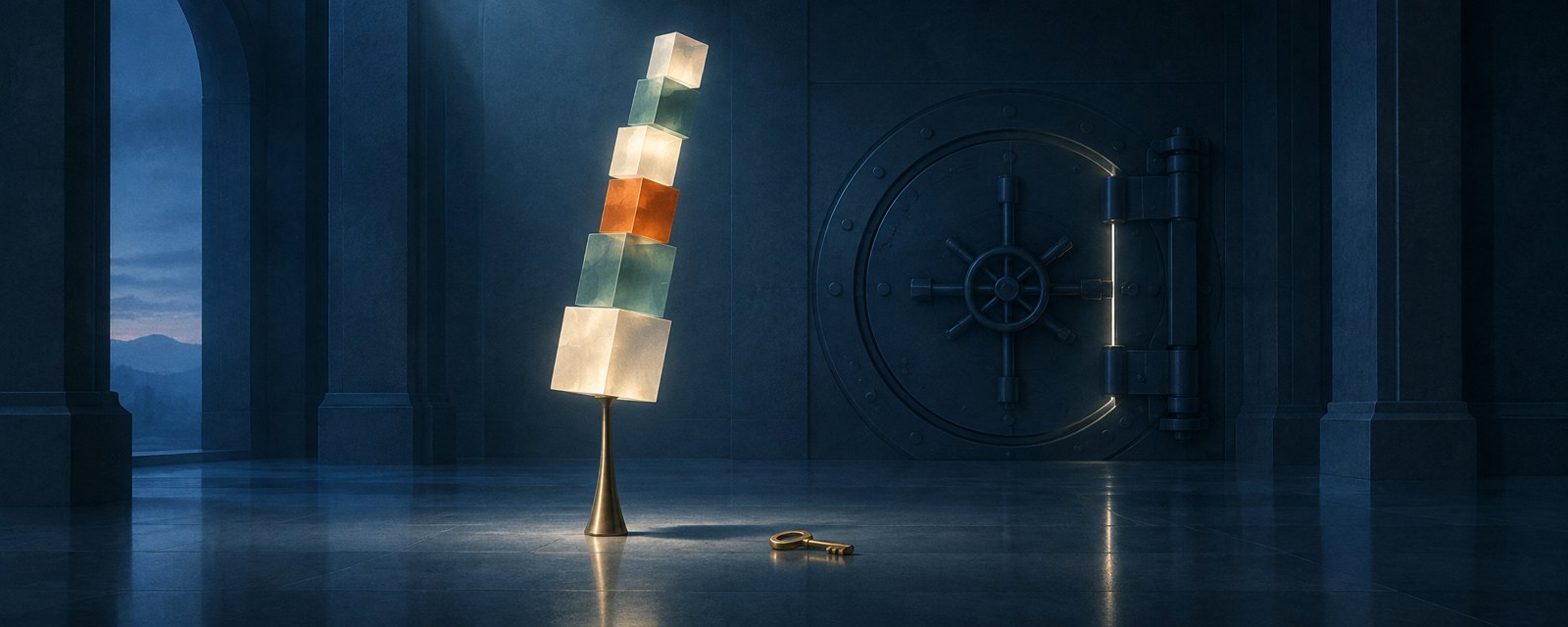 A tall tower of glowing blocks leans on a thin pedestal before a vault door with a thread of light at its seam: fragile AI concentration and breach risk.