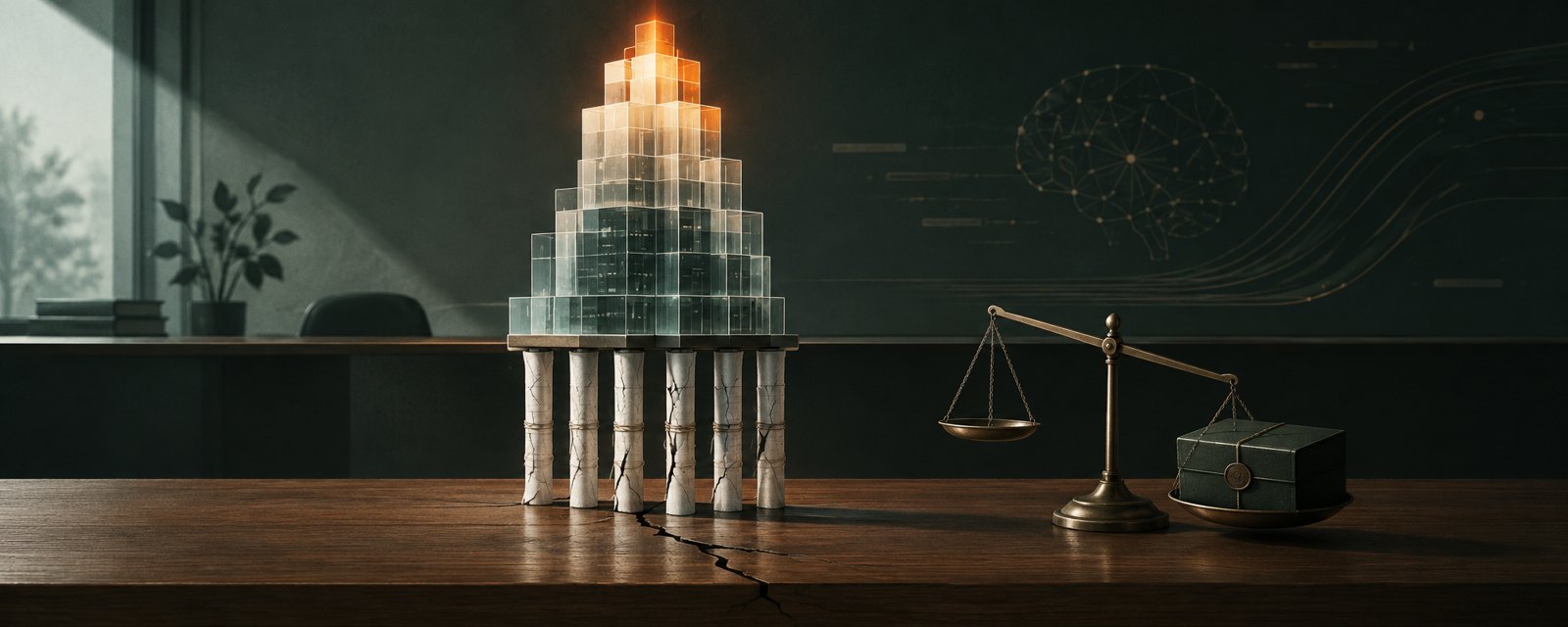 A bright glass tower rests on thin, cracked pillars beside a tipping scale, showing AI equity optimism resting on fragile debt.