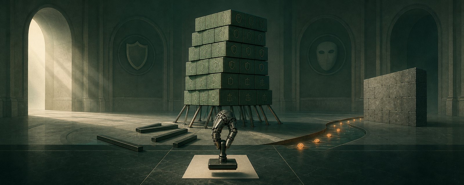 A leaning tower of blocks loses its supports while coins drift toward a solid wall, and an idle stamp hovers over a blank sheet: AI debt strain and flight to safety.