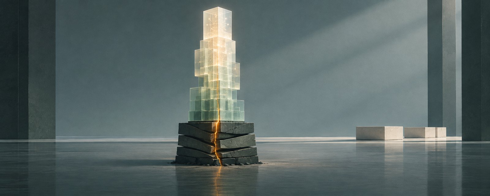 A slender glowing tower balanced on cracking dark slabs, showing AI optimism resting on strained debt, beside low steady plinths.