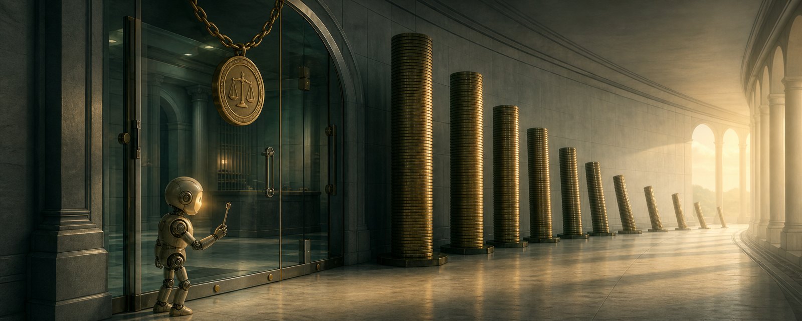 At dawn in a vault corridor, a small glowing machine holding a key waits outside a half-closed gate, beside coin pillars that thin and lean into the distance.