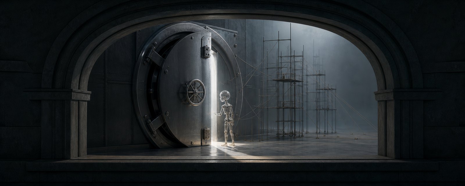 A small glass automaton pauses at a half-open vault door, with fragile scaffolding towers behind it, showing banks' caution over AI access and shaky funding.