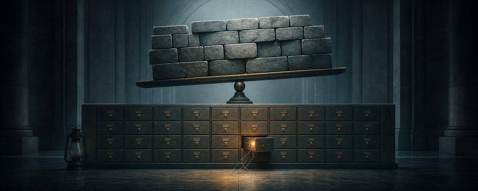 In a dim vault, one safe-deposit box is ajar with a glowing thread slipping out, while heavy stones strain a tilting beam above: intrusion and funding strain.