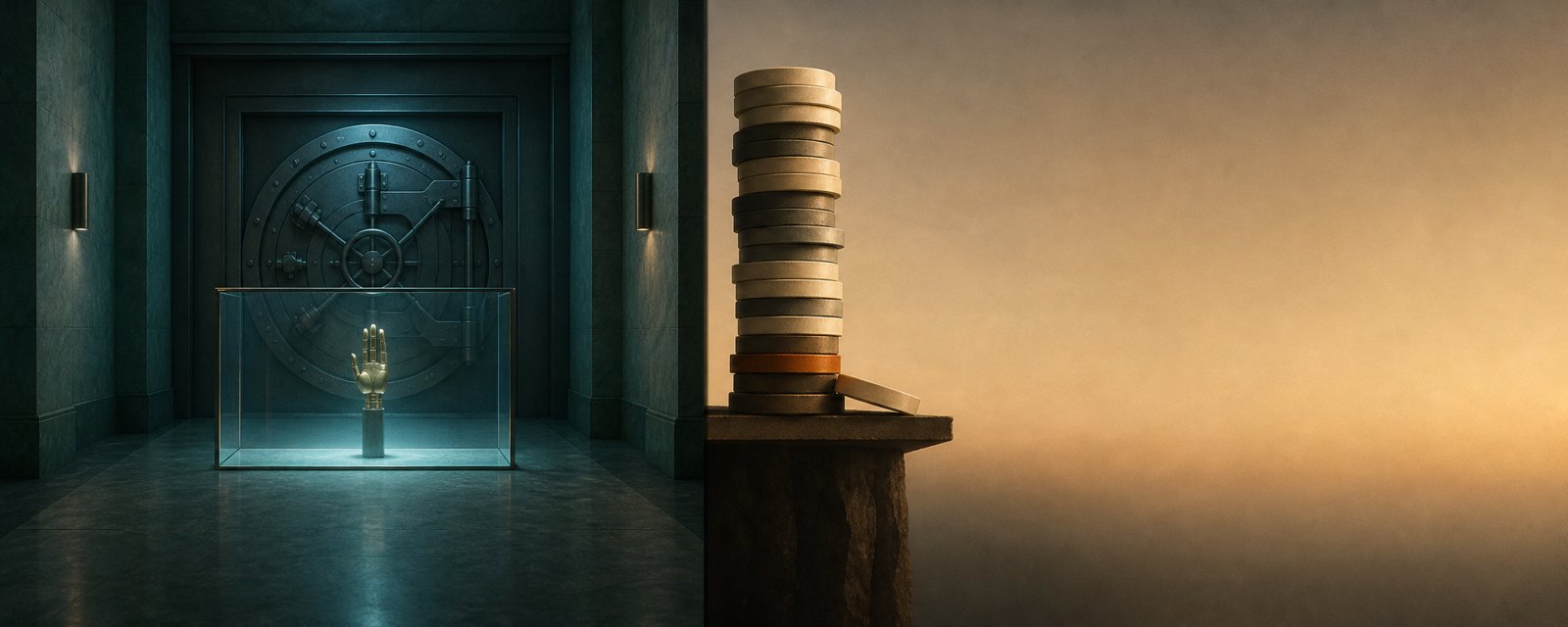 A key stopped by glass at a closed vault door, beside a precarious stack of chips on a thin ledge: AI access blocked, funding fragile.