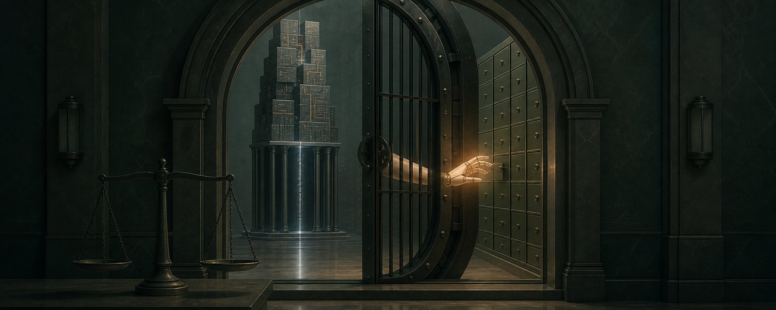 A half-closed vault gate stops a mechanical hand, while a fragile tower on thin pillars and an empty scale suggest unsettled liability.