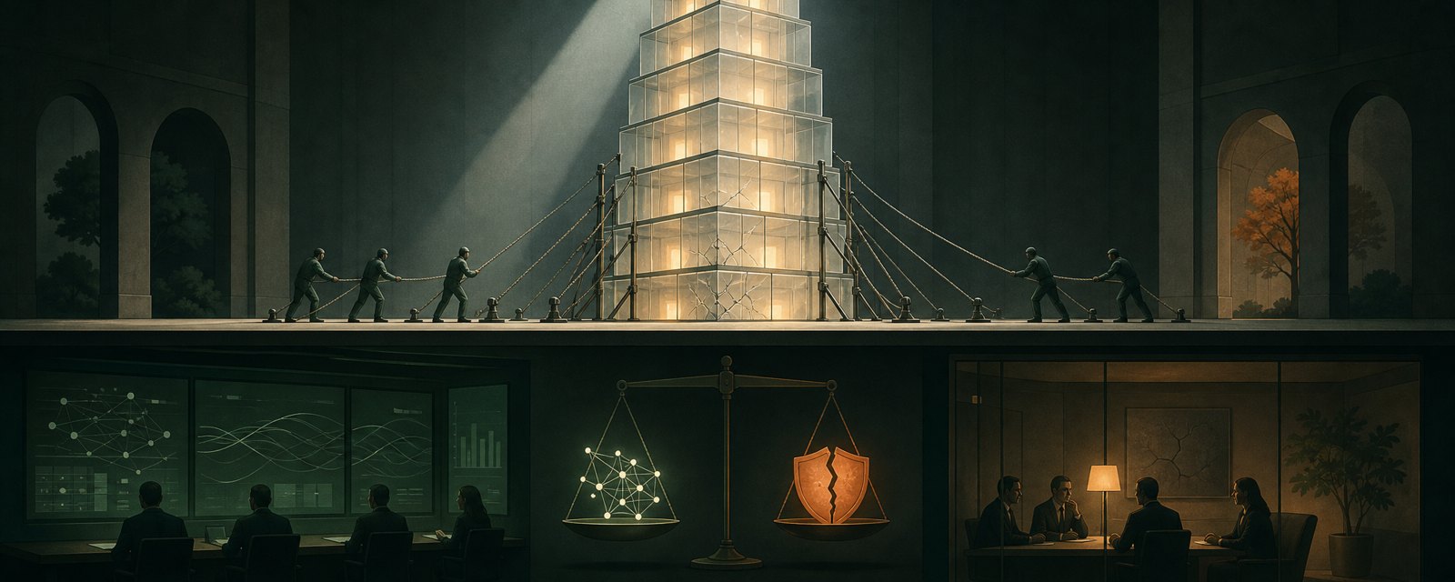 A glowing glass tower keeps growing while taut braces anchor its cracked base, showing AI investment and hedging rising together.