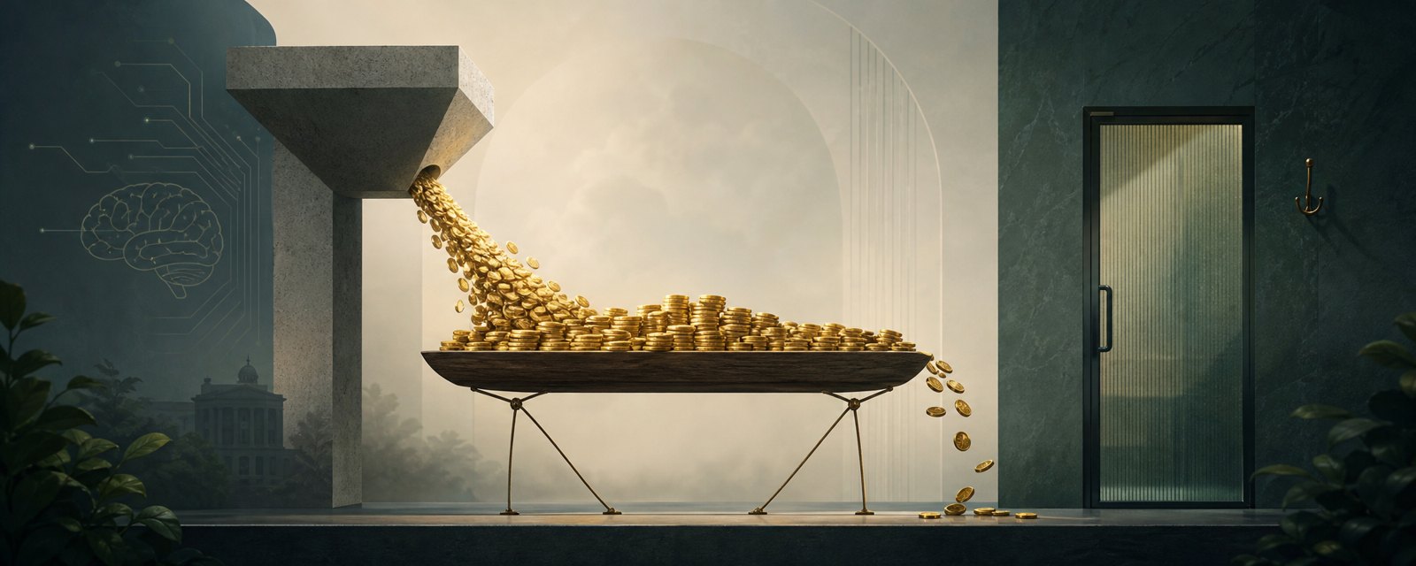 細い支えの上の浅い皿に金貨が流れ込みあふれる絵。資金が先行し、保険と責任の受け皿が追いつかない様子。