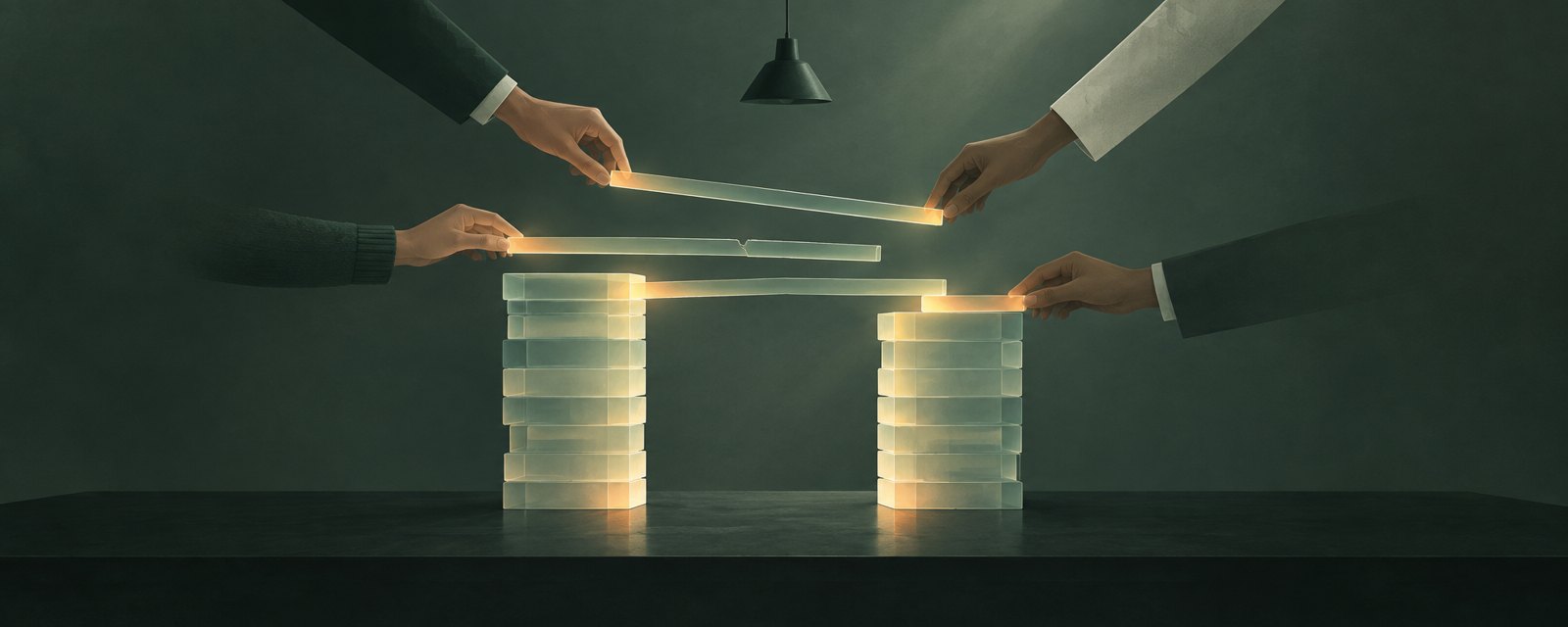 Two nearly equal glowing stacks with light bridges laid between them; one bridge is hairline-cracked, suggesting narrowing gaps and unverified reliability.