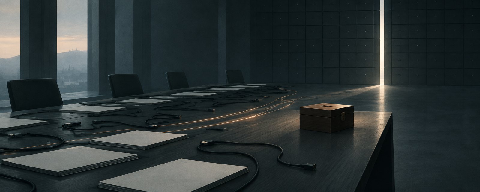 A dim hall with unsigned papers and thin threads of light; a gap in a wall lets light reach an unguarded box, suggesting widening exposure without agreements.