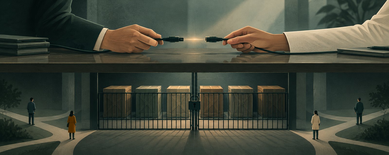 未接続のケーブルを両側から持つ手と、施錠された箱、分かれ道に立つ小さな人影。対話の模索と規制執行の並行を表す。