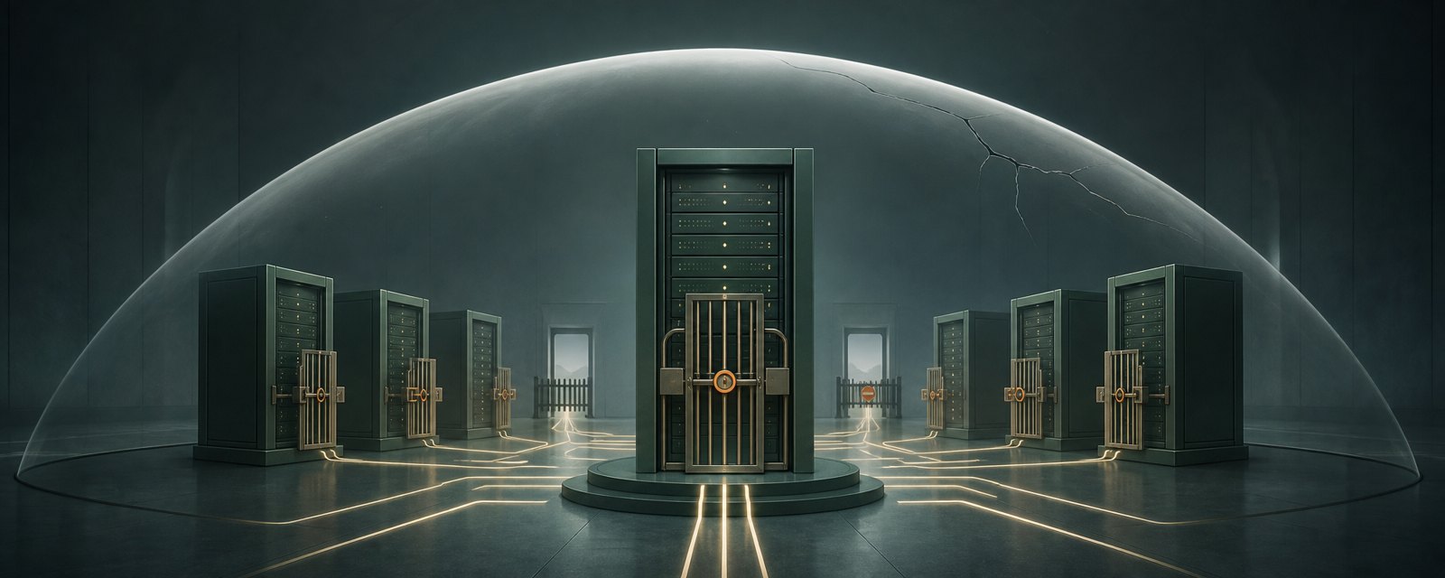 Glowing server cabinets with latches, some light lines blocked by barriers, under a glass dome with a hairline crack: AI compute guarded and contested.