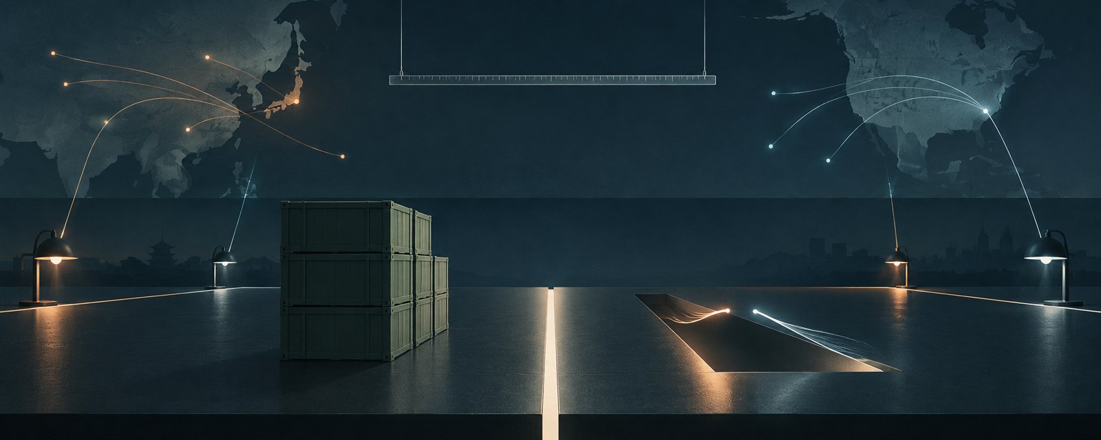 Two threads of light reach across a divided table without touching, with unmarked crates on one side: US-China AI talks, unresolved before the summit.