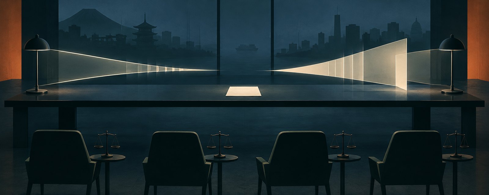 A long table with two lamps and an unsigned paper between them; a narrowing and a widening beam of light have not met, and empty chairs wait.