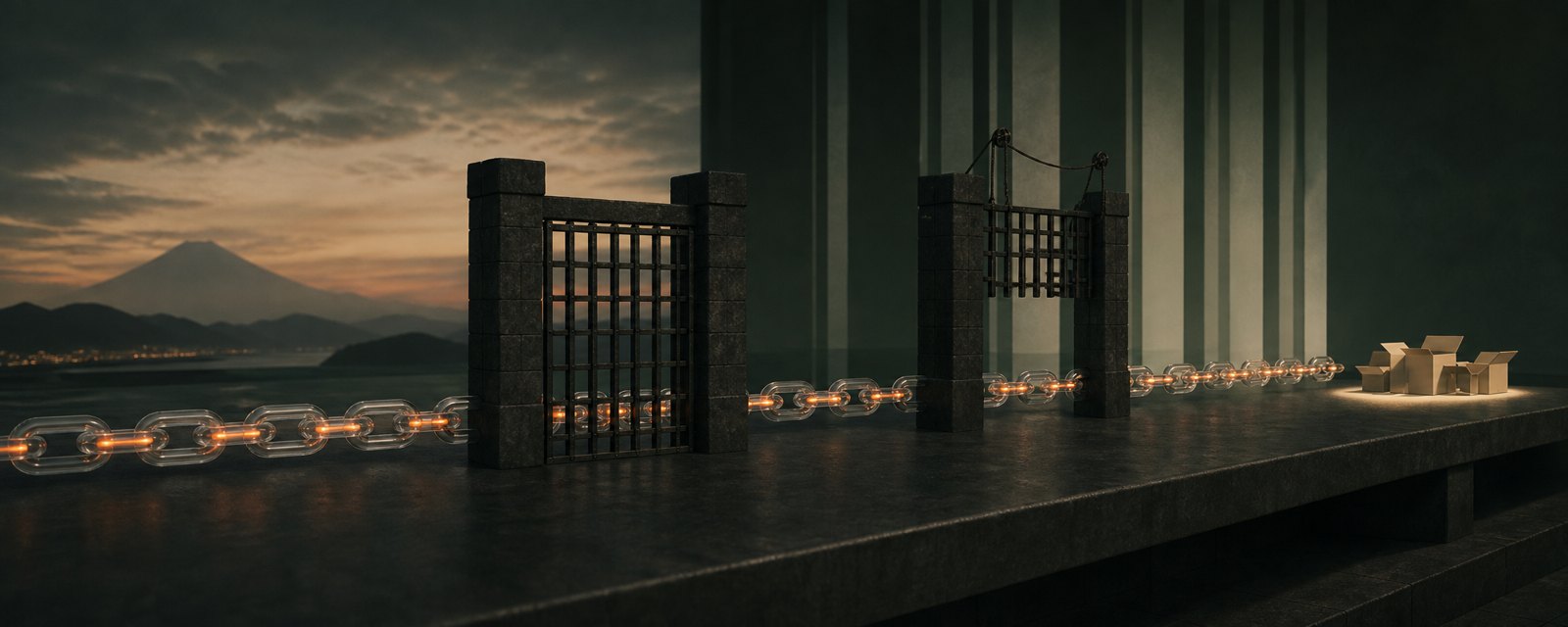 A glass chain carrying a glowing core is crossed by two heavy gates, one half-lowered, as empty boxes wait: supply-chain controls still unsettled.