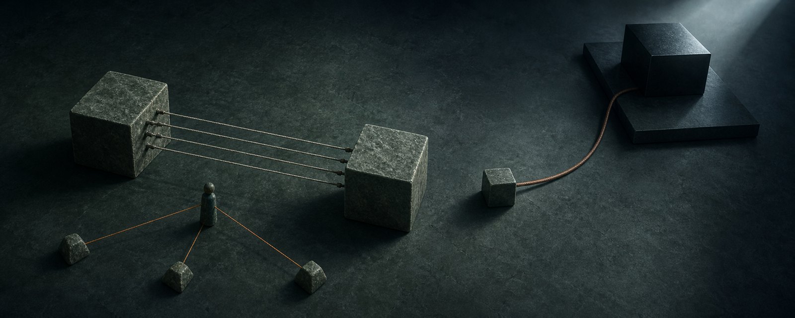 Two stone blocks bound by taut threads, and a small block tied by a thick cable to a sealed box with no handle: mutual constraint and dependence that cannot be switched off.