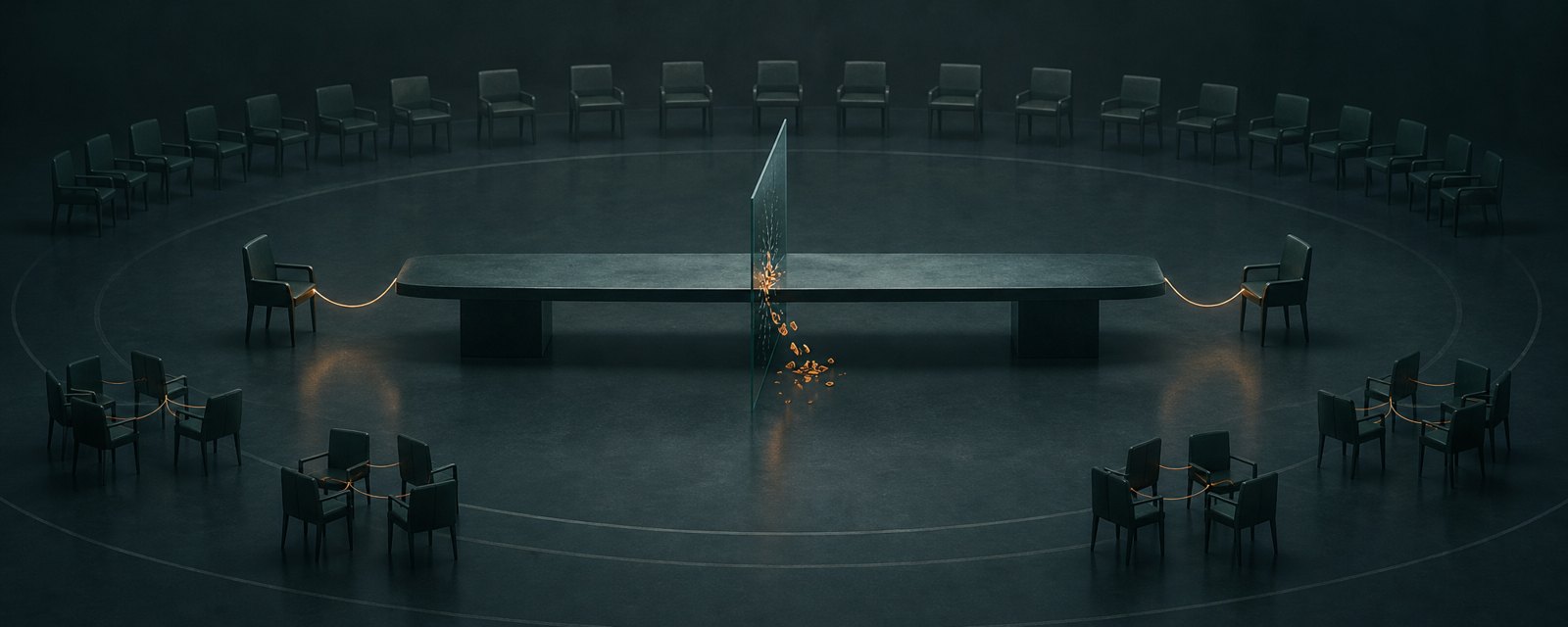 Empty chairs joined by a slack cable, glowing chips slipping through a cracked glass wall, small chair clusters forming their own links.
