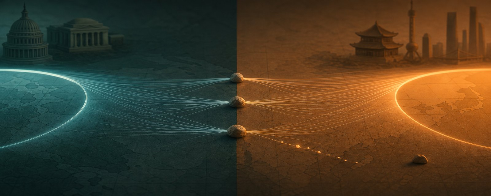 Two opposing arcs of light pull threads toward small stones between them; chips leak through a crack while one stone is left in shadow.