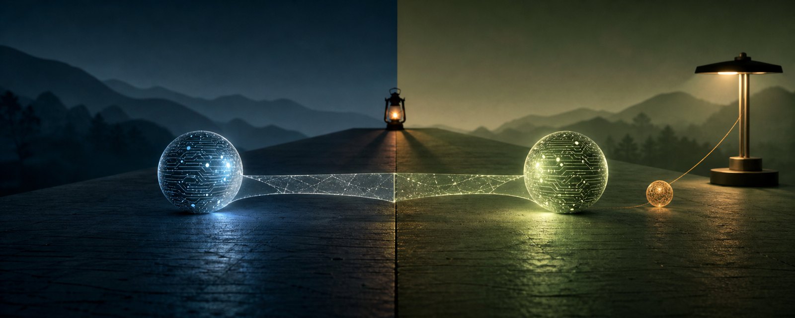 Two glowing spheres face away across a cracked light bridge; a third tethered sphere and a distant lamp suggest third countries like Japan exposed to US-China rivalry.