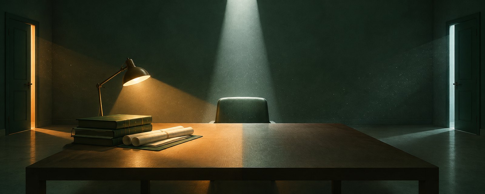 一脚の椅子に温かい光と冷たい真上からの光が交差して落ち、安全投資と訴訟という二重の立場を示す静かな情景