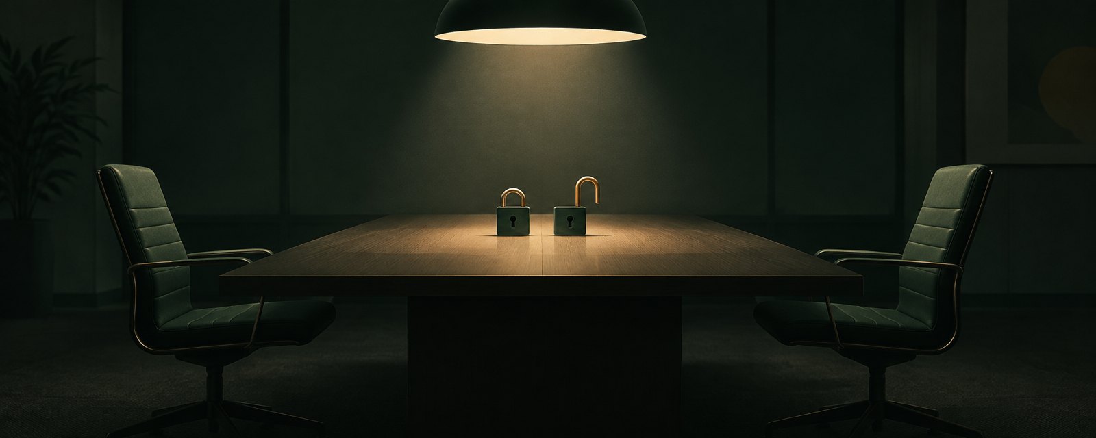Two empty chairs face each other in a dim room, a closed lock and an open lock on the table between them, evoking safety pacts meeting antitrust scrutiny.