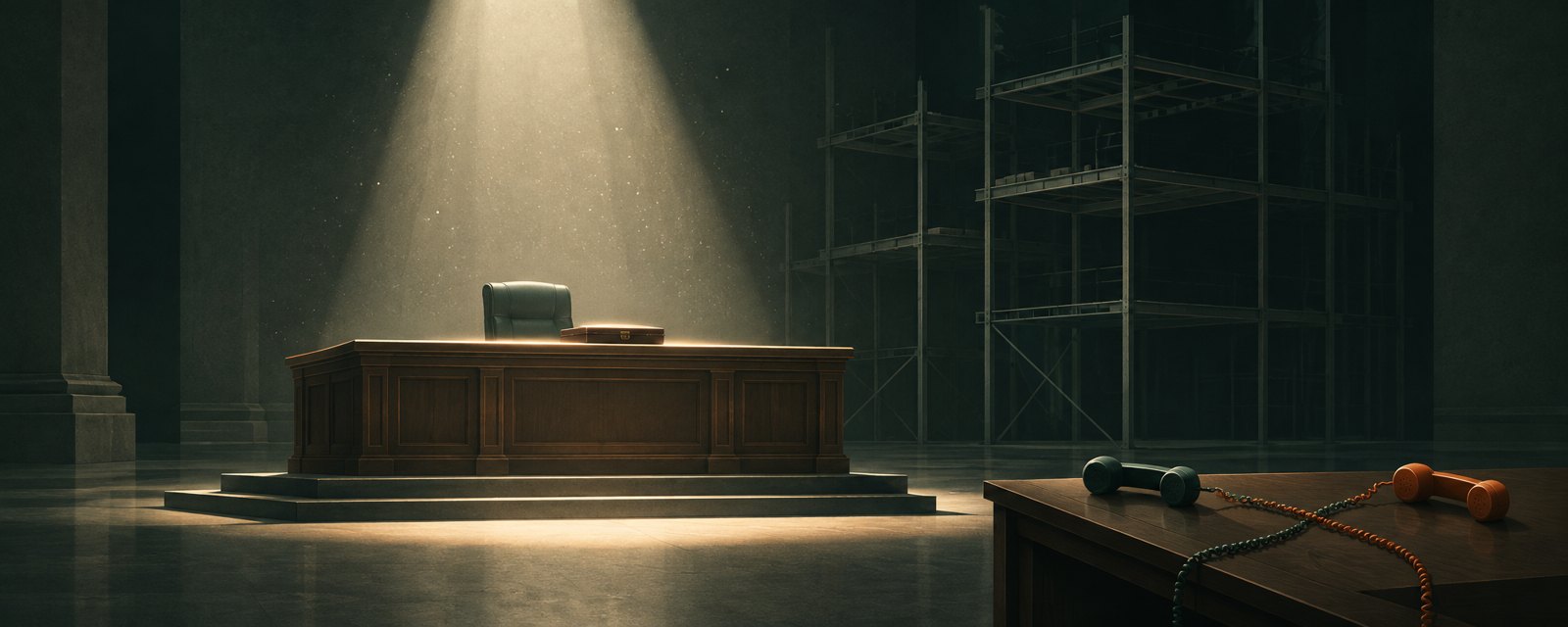 An empty, lit judge's bench stands ready while an unfinished scaffold looms behind it, symbolizing courts acting before formal AI regulation is complete.