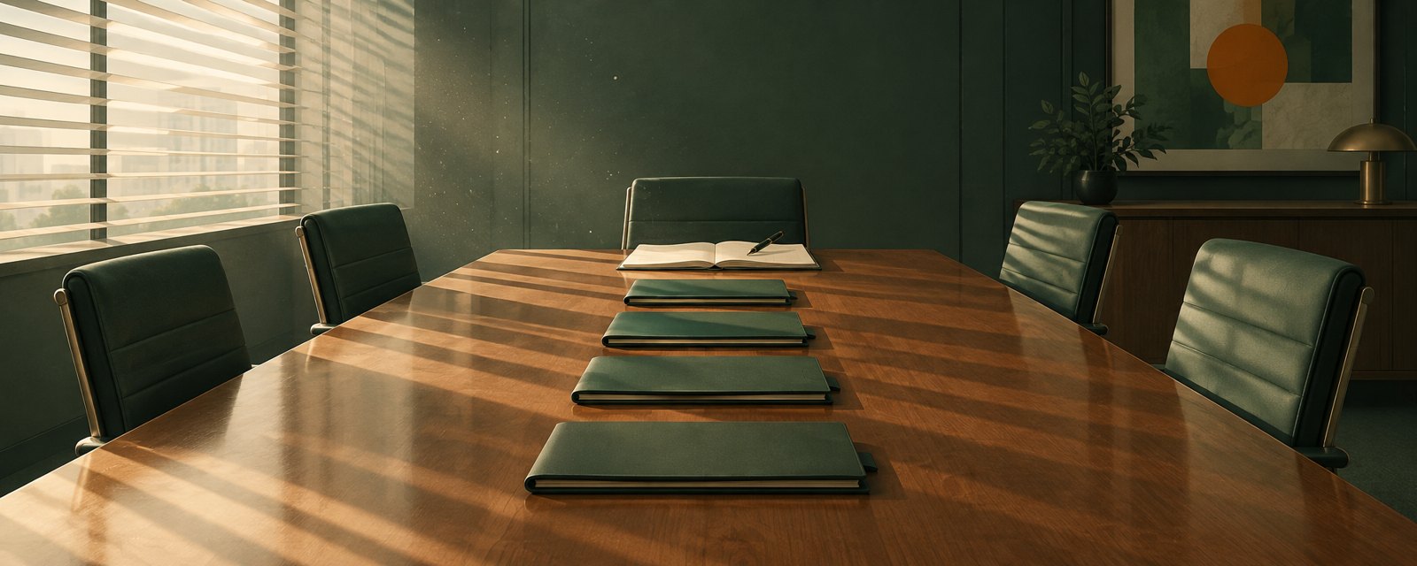 会議机に並ぶ書類は開かれず、椅子は空のまま。呼びかけへの応答がない状況を示す一枚。