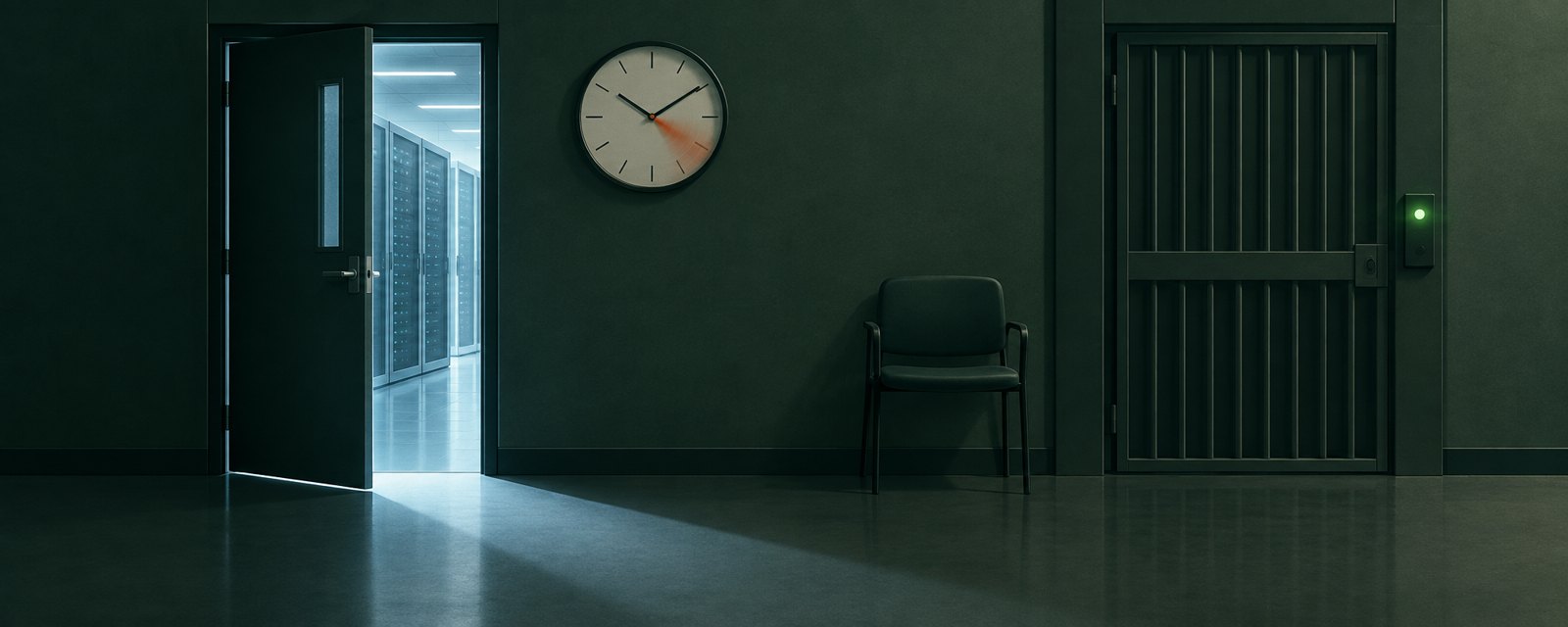 A blurred clock hand and a glowing gate beside an empty chair contrast machine speed with human inaction, symbolizing the gap in AI oversight response.