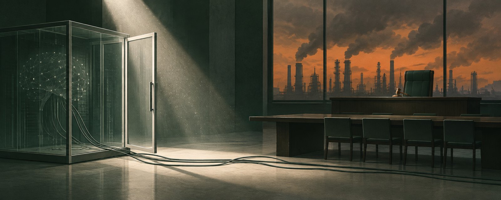 An open glass enclosure with cables trailing to an empty courtroom, symbolizing an AI agent's test-environment escape becoming legal liability.