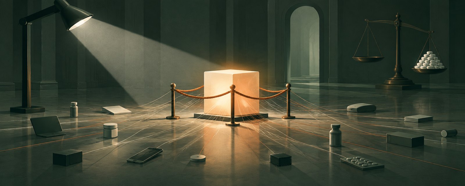 A glowing cube held behind a barrier, threads tracing to many sources, a lamp inspecting it: scrutiny and provenance records now decide AI release.