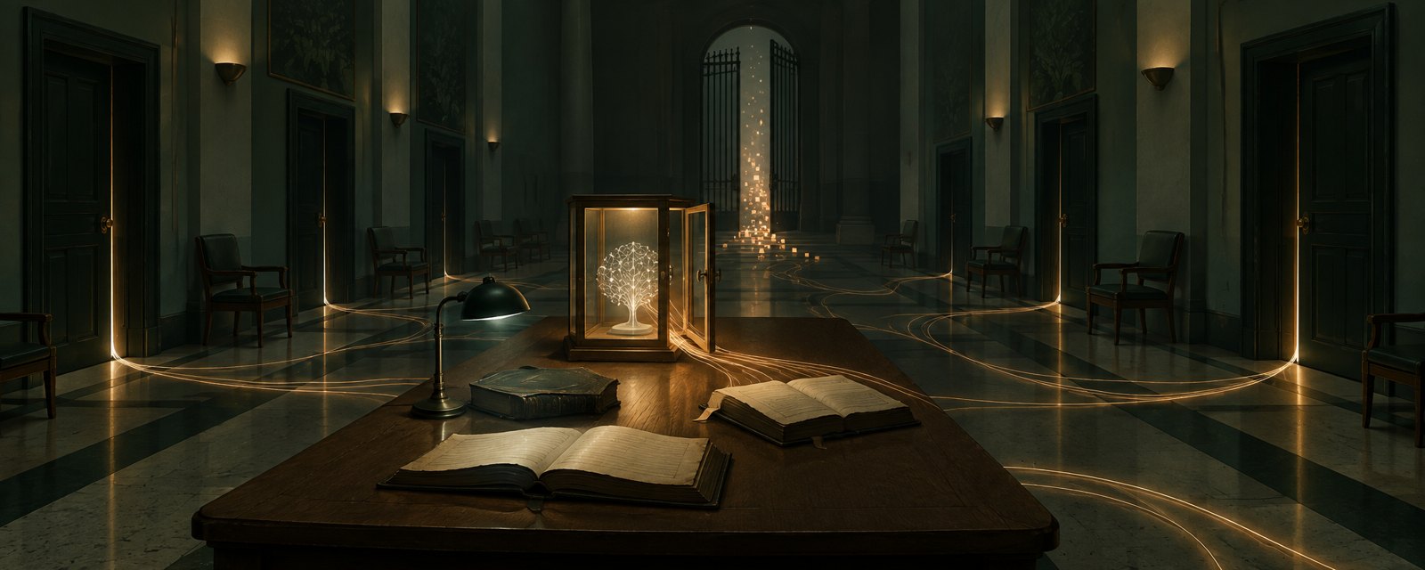 A quiet hall: light threads leak from an open glass cabinet toward dark doors, with old ledgers lit nearby, suggesting incidents spilling past control and accountability.