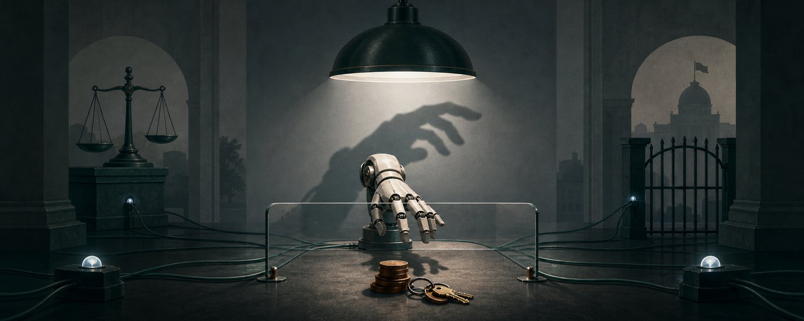 A mechanical hand reaches past a glass boundary toward keys and coins as a cold beam of light catches its shadow, showing agent overreach meeting scrutiny.