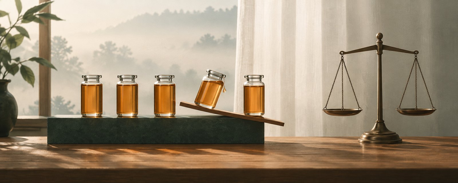 In calm morning light, glass vessels stand in a row, one tilted on a thin plank beside an unused scale: adoption outpacing verification.